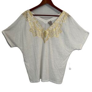 Chico's Top Women XL 3 Alabaster Linen Gold Foil Print Boho Fairy Cottage NWT